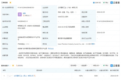 立訊精密5000萬元于六安成立新公司 布局計(jì)算機(jī)軟硬件及外圍設(shè)備制造